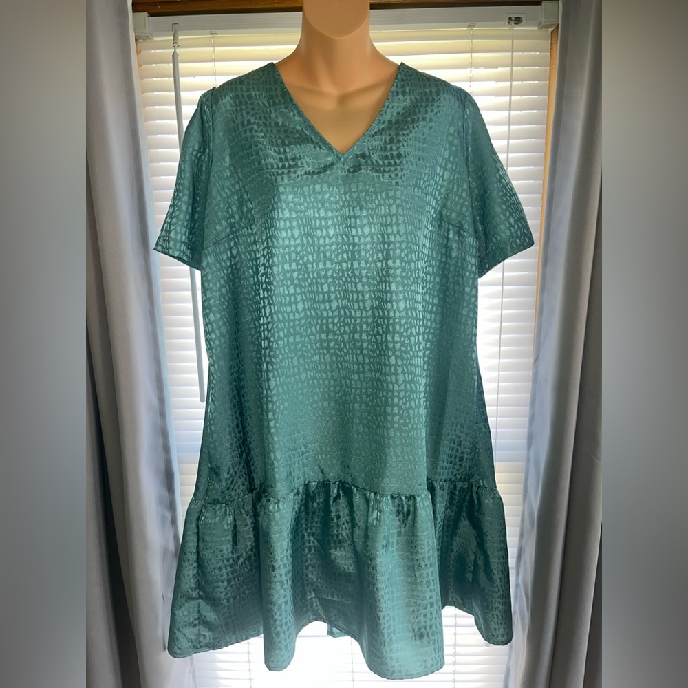 A New Day Teal Short Puff Sleeve, Ruffle Hem Satin Dress with Pockets